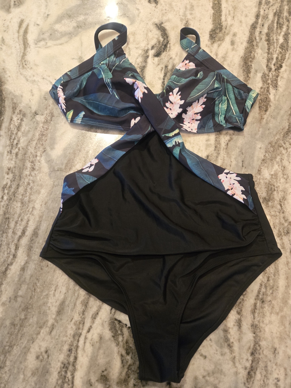 Unlisted Black One-Piece Swimsuit with Tropical Teal & Pink Print